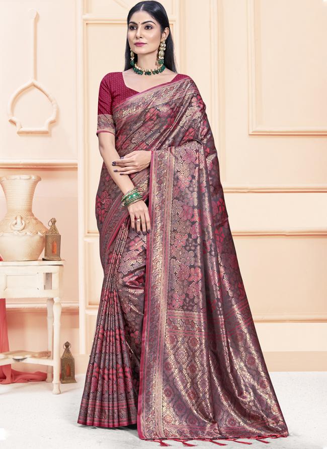 Sattin Silk Dark Pink Festival Wear Weaving Saree